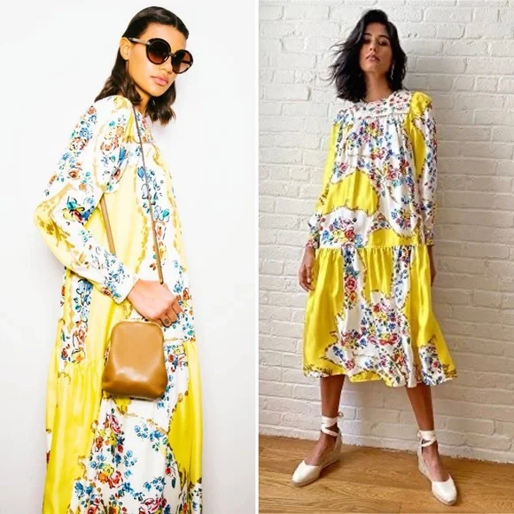 TORY BURCH Silk Quilted Yoke Yellow Floral Silk Midi Dress Size 4 - Picture 12 of 16